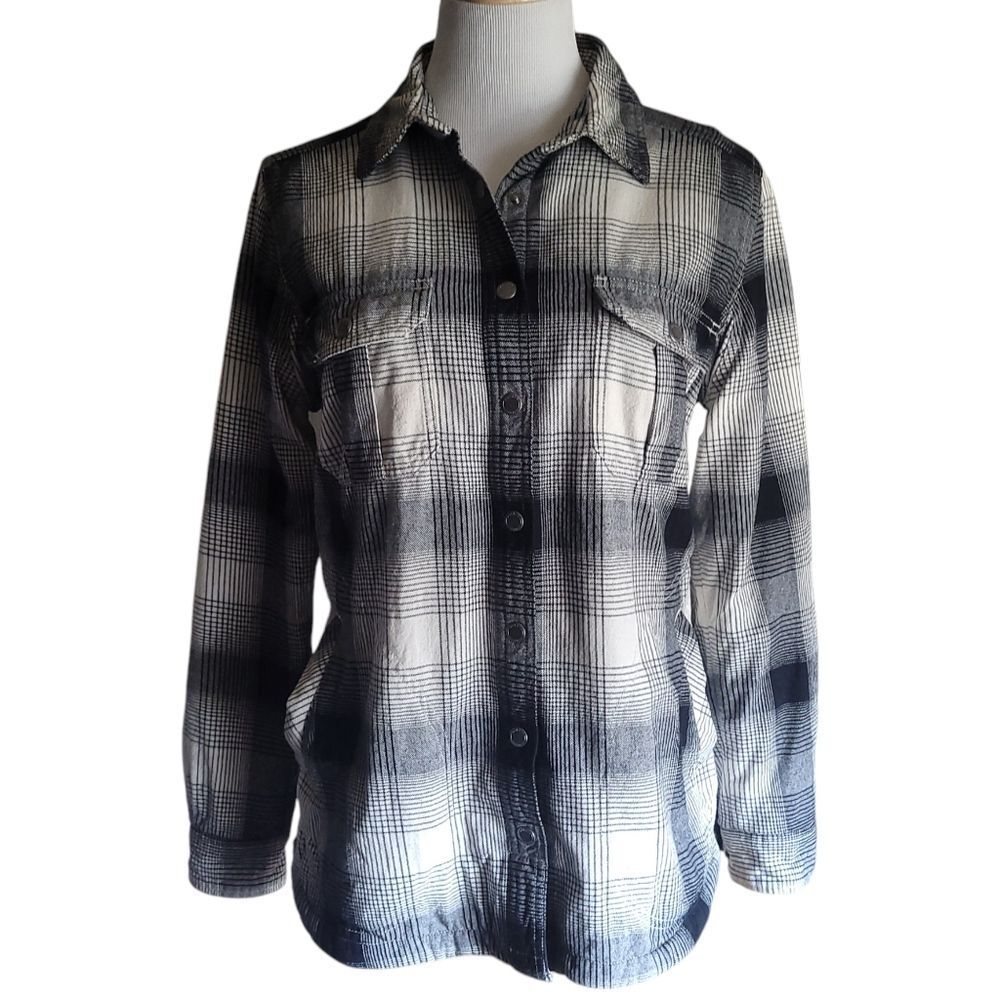 Duluth Trading Black Women's Folklore Flannel Insulated Shirt Jac Shacket Medium